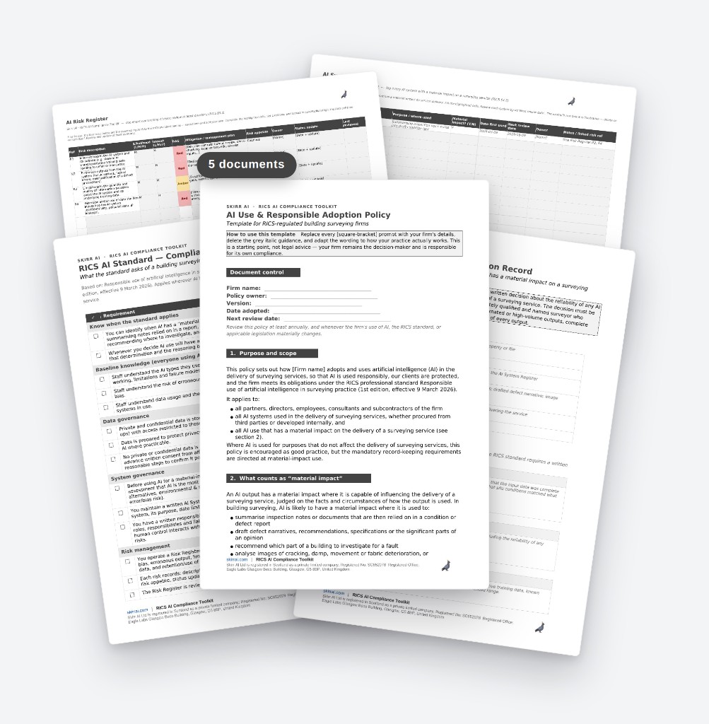 Skirr AI RICS AI Compliance Toolkit — five documents including policy, checklist, risk register and systems inventory